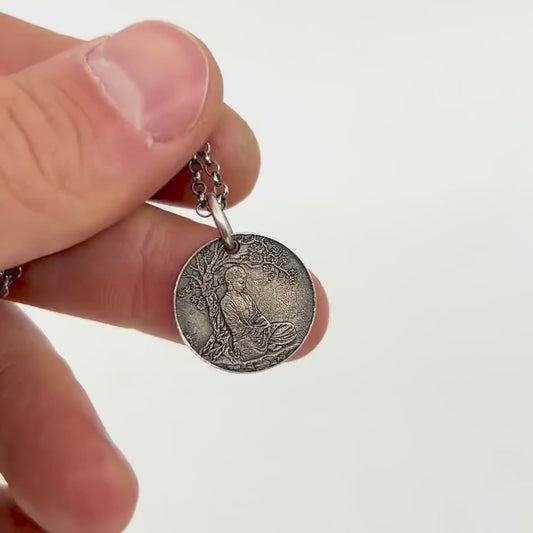 Buddha Meditation silver pendant necklace, Buddhist yoga handmade spiritual jewelry, Mindfulnes gift for him, mens necklace, Anxiety relief