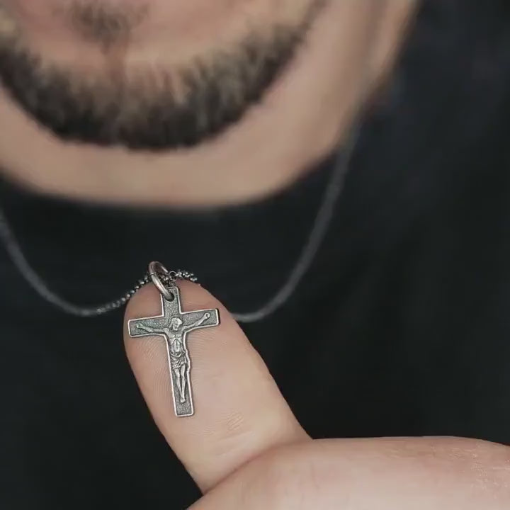 Jesus Crucifix Pendant Necklace- Men Handmade 925 Sterling Silver jewelry, Oxidized Finish, Unisex Spiritual Gift