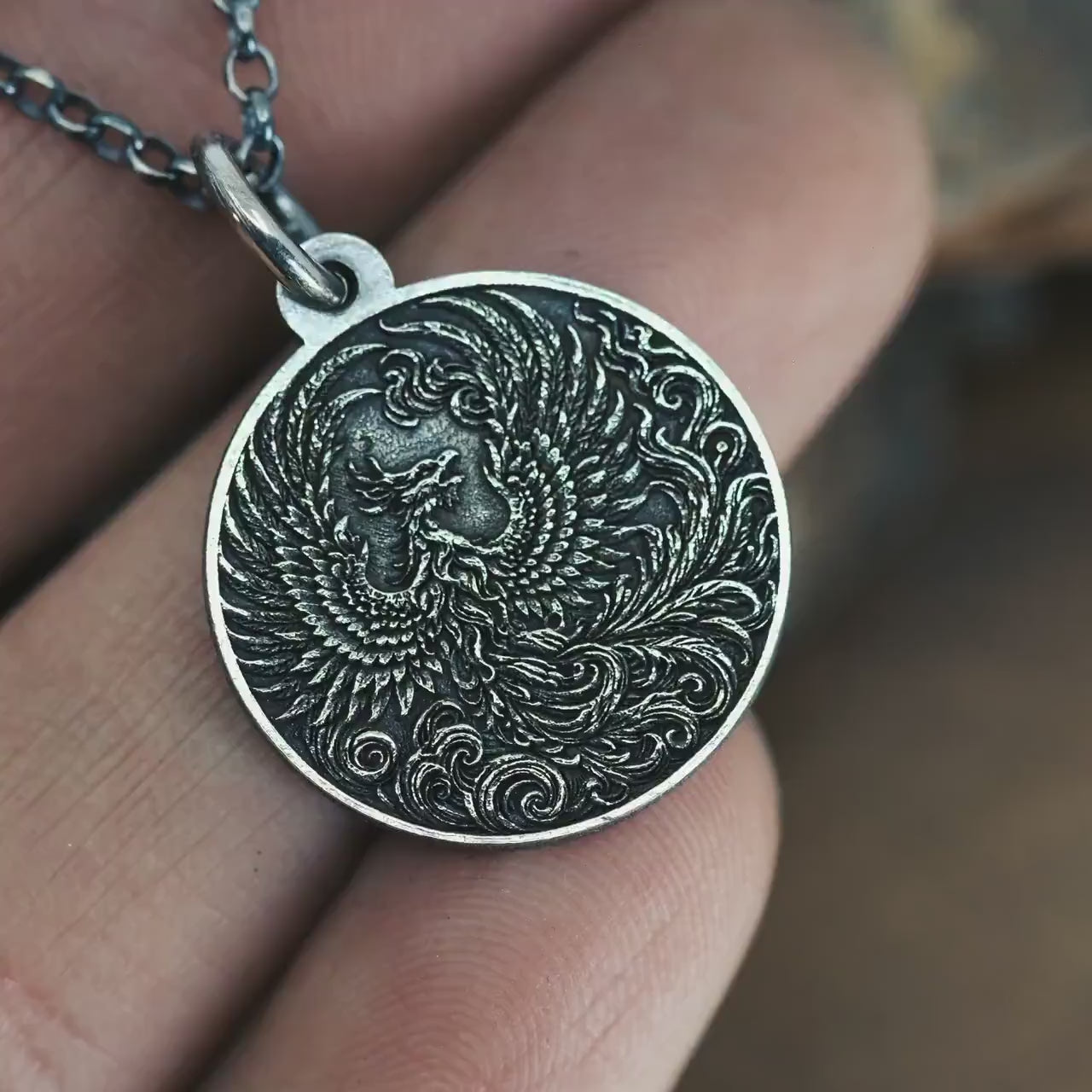 Men’s Sterling Silver Phoenix Necklace, Oxidized Finish (Custom Engraving)