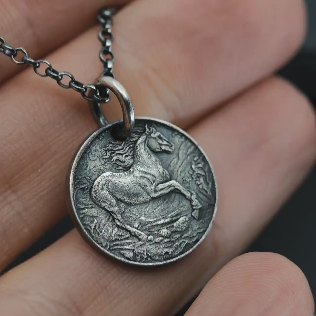 Silver Horse personalized  Pendant Necklace, Handmade Rustic Oxidized Coin Jewelry for Men or Women, husband gift