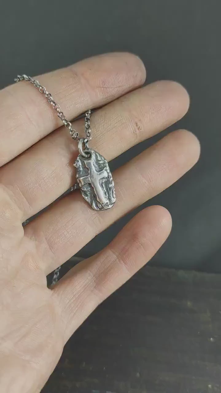 Cross Necklace Handmade Pendant, Rustic Oxidized Silver (Sterling 925, Unisex, Anxiety Relief Amulet)