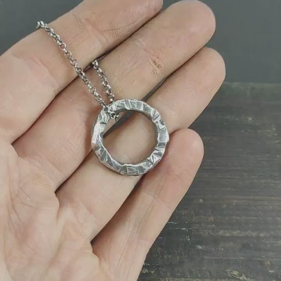 Rustic Brutalist Oxidized Sterling Silver pendant necklace, Unique handmade jewelry for men or women