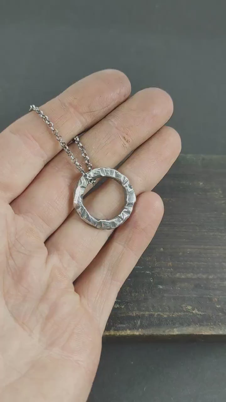 Rustic Brutalist Oxidized Sterling Silver pendant necklace, Unique handmade jewelry for men or women