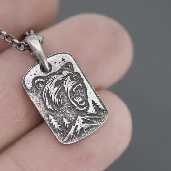 Mens Silver Bear Necklace – Engraved Wildlife Pendant, Nature Gift for Him