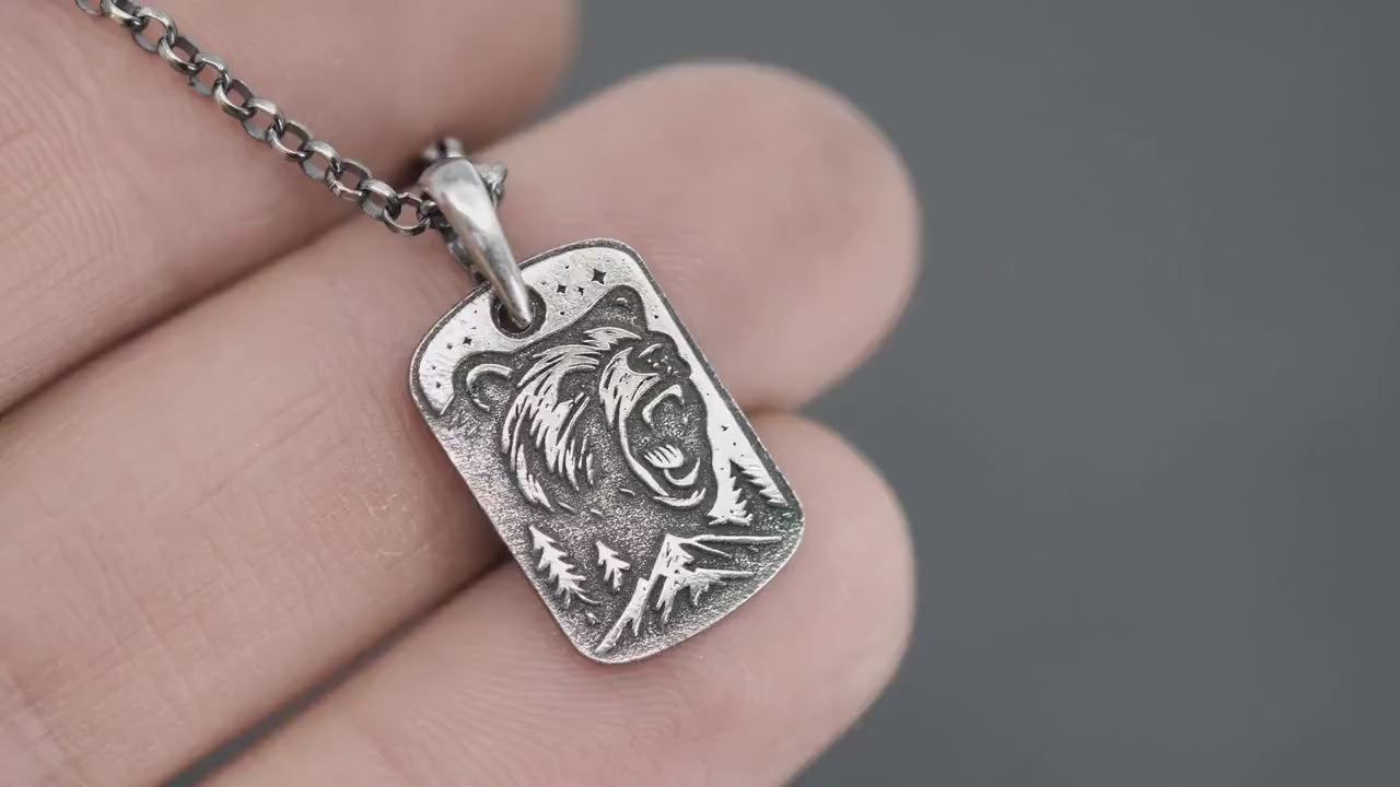 Mens Silver Bear Necklace – Engraved Wildlife Pendant, Nature Gift for Him