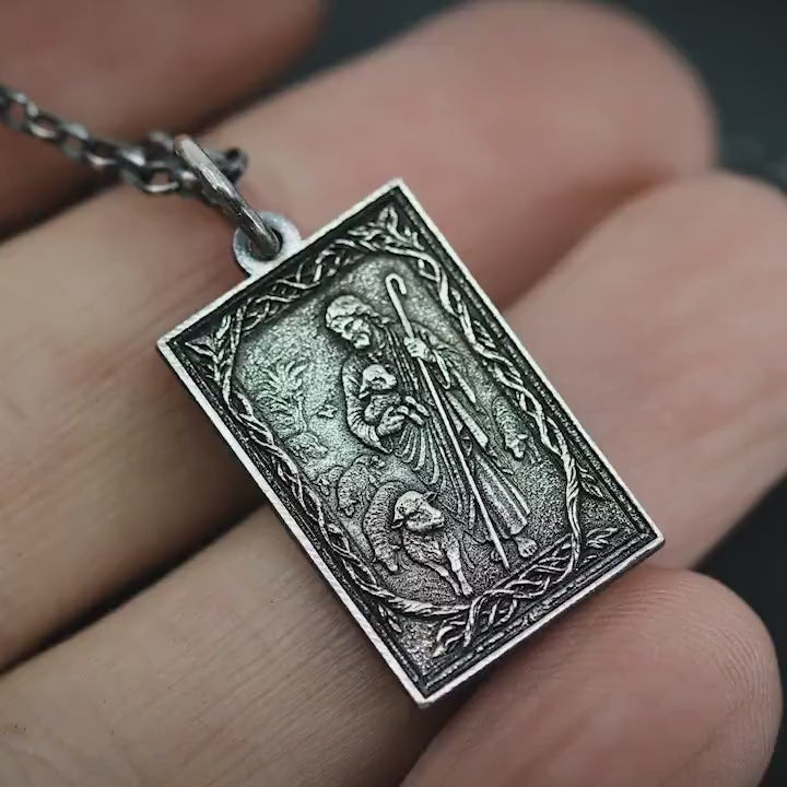 Handmade Oxidized Sterling Silver Jesus Shepard Necklace, Religious Pendant