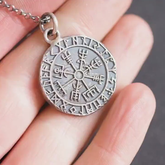 Silver Viking Mens Vegvisir rustic necklace, Boyfriend gift, Silver norse jewelry, Viking compass,Rune necklace for men, norse mythology