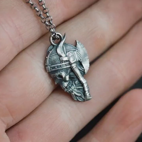 Viking Warrior skull Rustic sterling silver pendant neckalce, viking gift for men, Oxidized jewelry