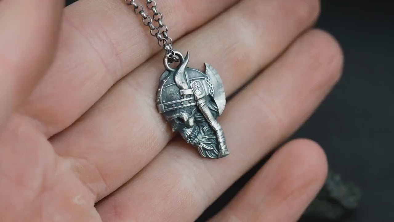Viking Warrior skull Rustic sterling silver pendant neckalce, viking gift for men, Oxidized jewelry