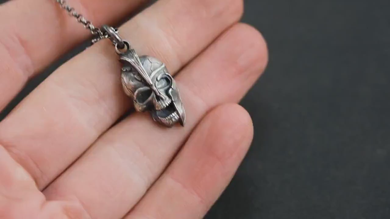 Silver Spartan warrior skull pendant, Gladiator Helmet necklace,, Boyfriend handmade gift, Greek Mythology pendant, unique mens necklace