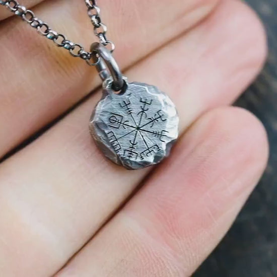 Nordic Mens Viking Compass Silver Vegvisir necklace, Personalized engraved Silver Norse jewelry, Viking compass, norse mythology