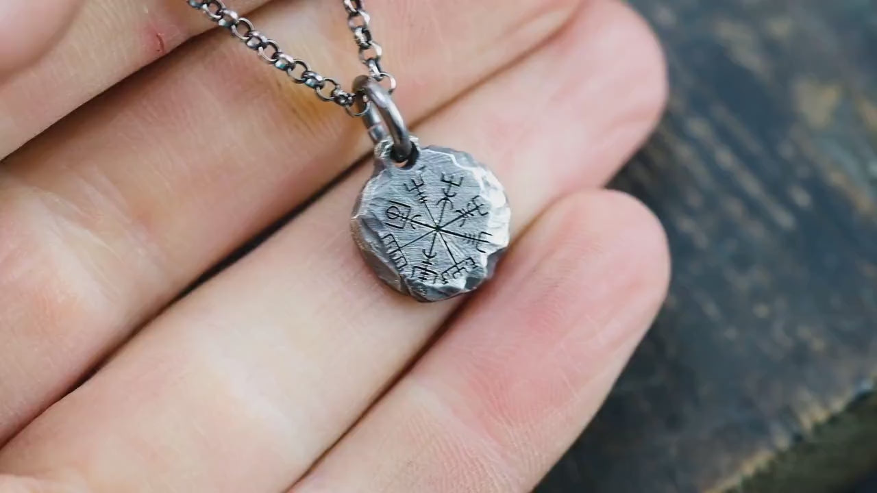 Nordic Mens Viking Compass Silver Vegvisir necklace, Personalized engraved Silver Norse jewelry, Viking compass, norse mythology