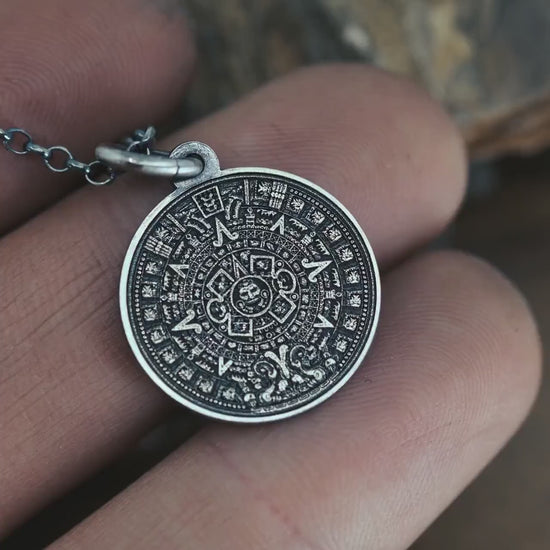 Oxidized Silver 925 Aztec Calendar Pendant Necklace, Personalized Handmade Mythology Jewelry for men