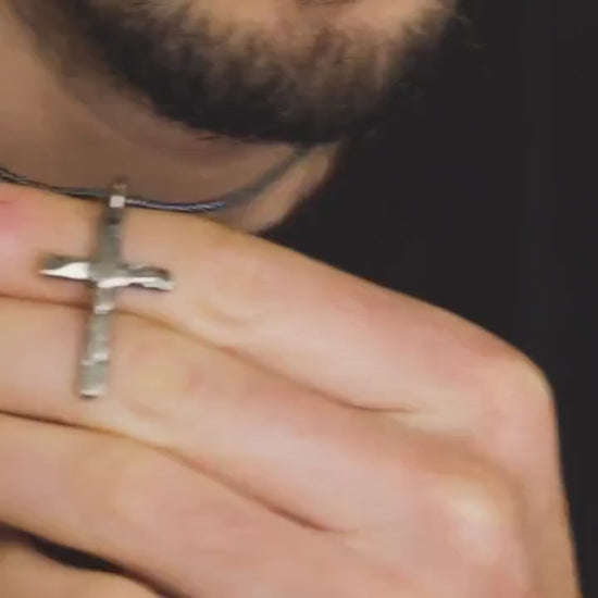 Sterling Silver Cross Necklace - Rustic Oxidized Finish for Men