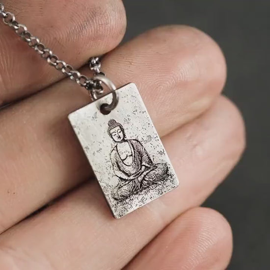 Silver Buddha calming anxiety relief pendant necklace, Unique Oxidized rustic personalized handmade jewelry