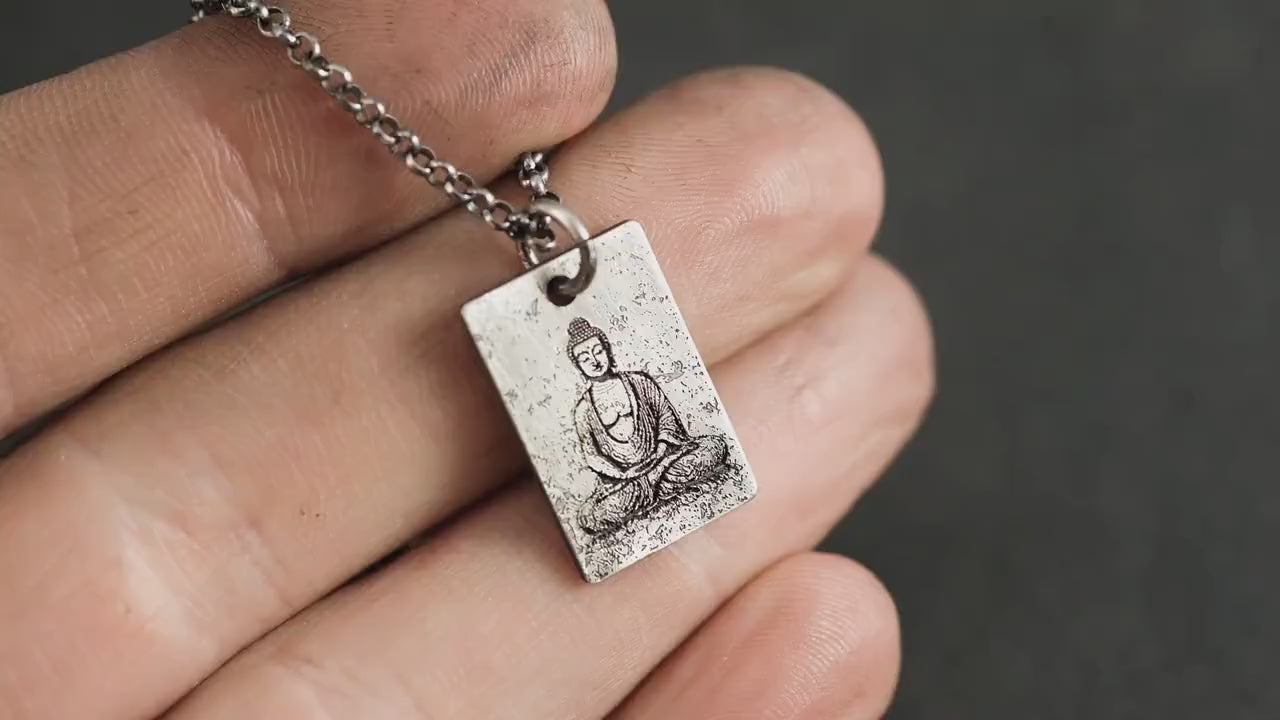 Silver Buddha calming anxiety relief pendant necklace, Unique Oxidized rustic personalized handmade jewelry