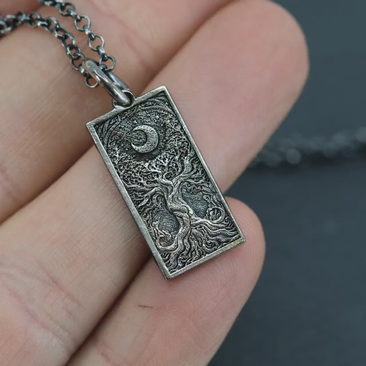 Silver Tree of Life and Moon pendant necklace, Unique mens jewelry, Personalized rustic necklace, men gift