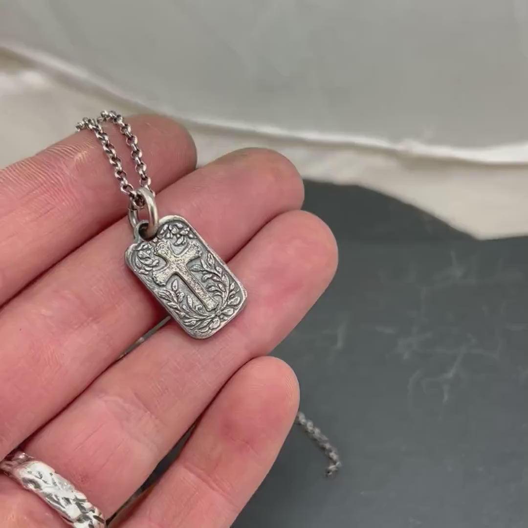 Rustic Silver Cross Pendant Necklace, Christian Faith Jewelry, Handmade Religious Necklace, Unique Gift for Men