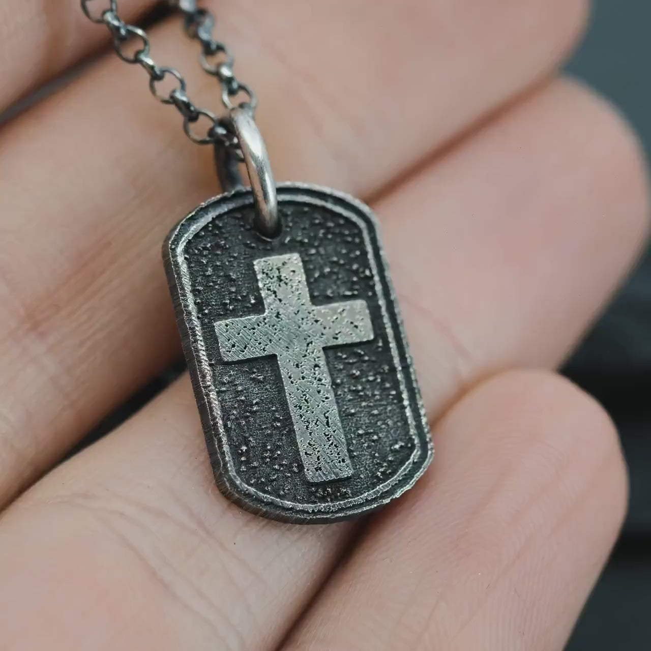 Sterling Silver Cross Dog Tag Necklace – Rustic Oxidized Christian Pendant for Men, Christmas gifts