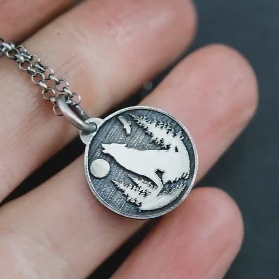 Silver Wolf forest animal pendant necklace, Personalized engraved Unique forest nature jewelry, gift for men, mens necklace