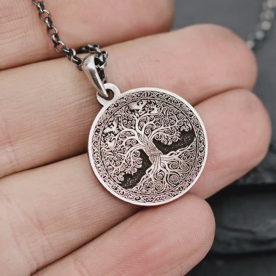 Viking Silver Tree of Life pendant necklace, Unique mens jewelry, Personalized rustic coin necklace, men gift
