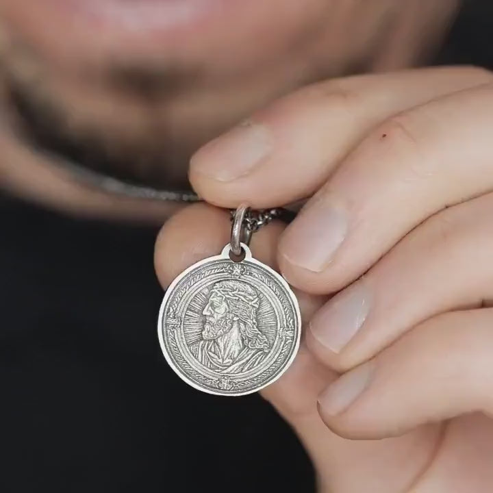 Jesus Pendant Necklace: Rustic Oxidized Silver - Handmade Unisex