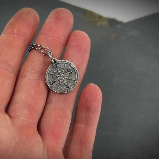Rustic Silver Compass Necklace for Men – Handmade Personalized Pendant, Adventure Jewelry, Travel Gift for Him