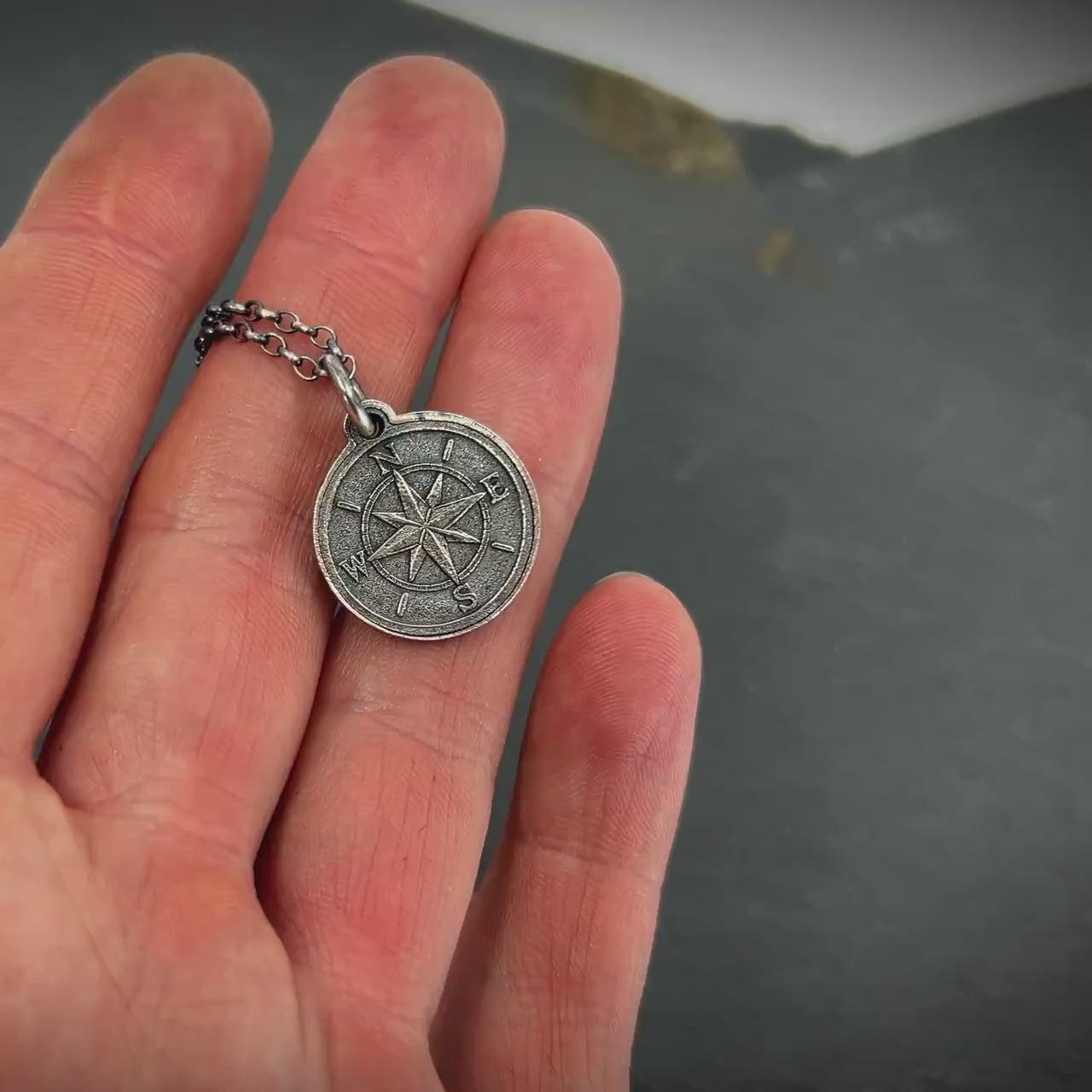 Rustic Silver Compass Necklace for Men – Handmade Personalized Pendant, Adventure Jewelry, Travel Gift for Him