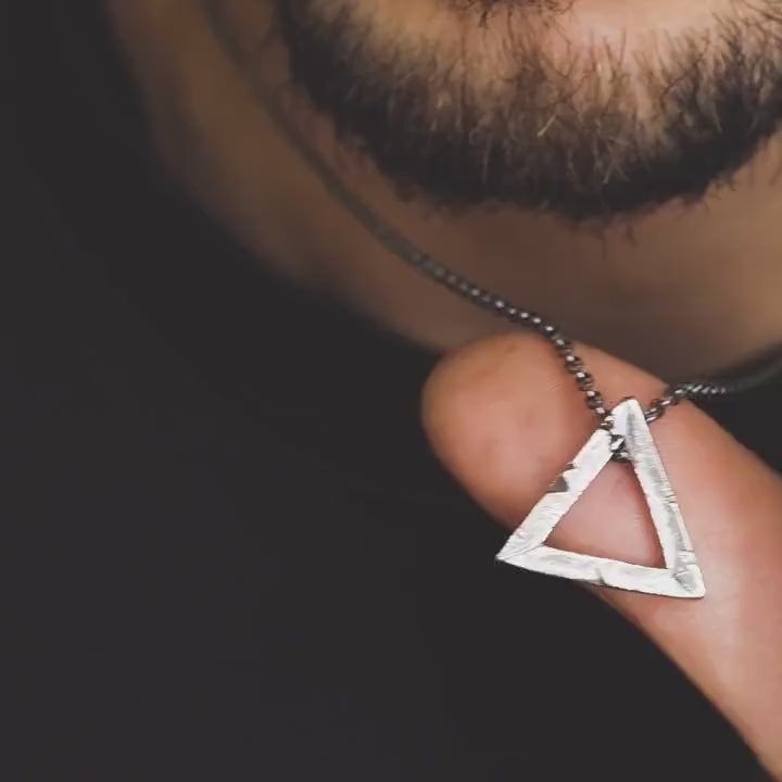 Mens Triangle silver necklace, Rustic oxidized jewelry, brutalist silver pendant, anniversary gift for men, geometric jewelry