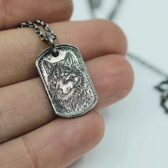 Rustic Wolf Silver necklace, Dog tag personalized oxidized silver jewelry