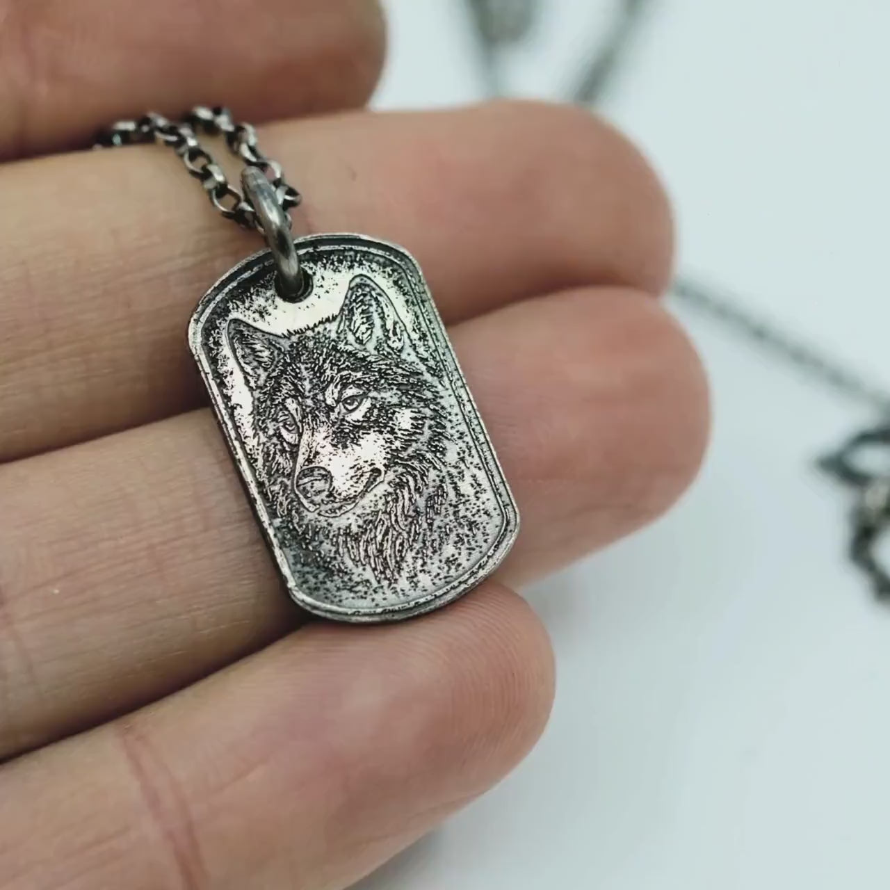 Rustic Wolf Silver necklace, Dog tag personalized oxidized silver jewelry