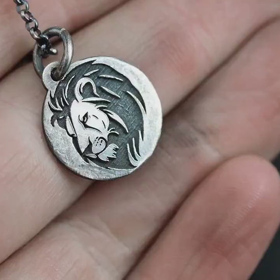 Lion head Silver pendant necklace, Protection Strength amulet Leo zodiac necklace, oxidized Astrology jewelry,  ,mens sterling silver gift