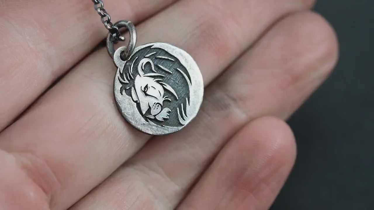 Lion head Silver pendant necklace, Protection Strength amulet Leo zodiac necklace, oxidized Astrology jewelry,  ,mens sterling silver gift