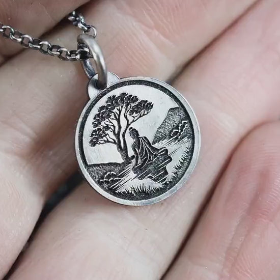 Buddha Meditation silver pendant necklace, Buddhist yoga handmade spiritual jewelry, Mindfulnes gift for him, mens necklace, Anxiety relief