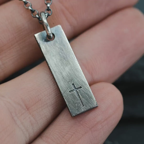 Minimalist Silver Cross Pendant – Rectangular Bar Necklace, Handmade Faith Jewelry for Men, Christmas gift