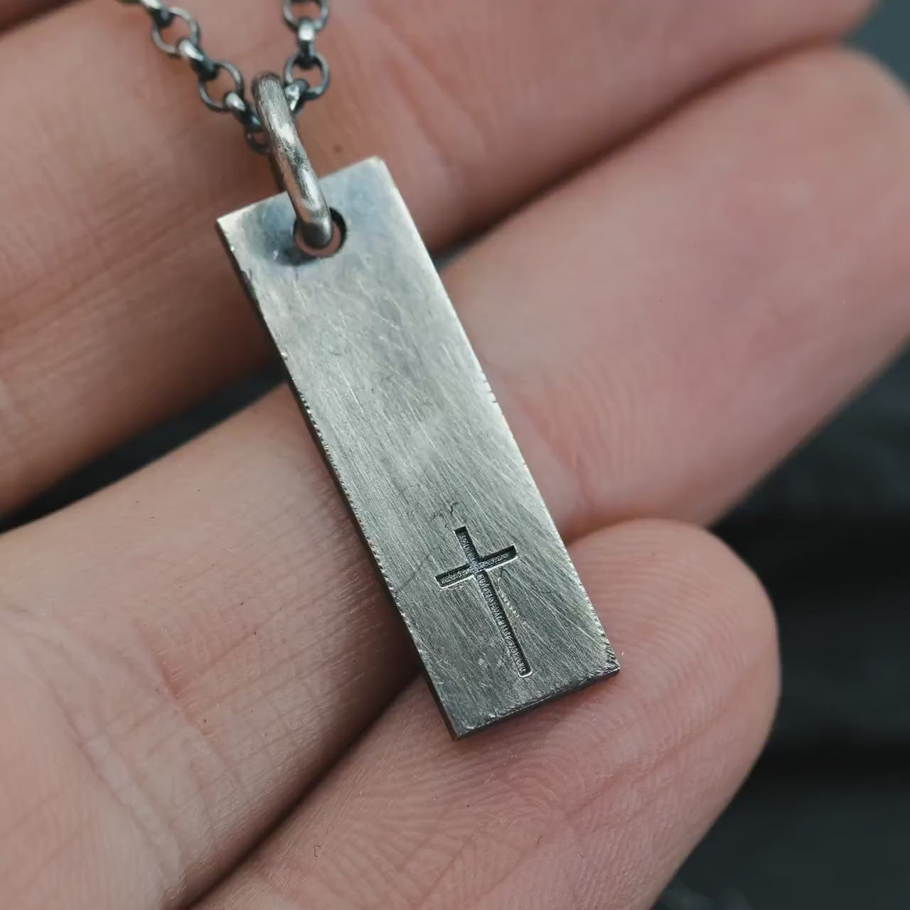 Minimalist Silver Cross Pendant – Rectangular Bar Necklace, Handmade Faith Jewelry for Men, Christmas gift