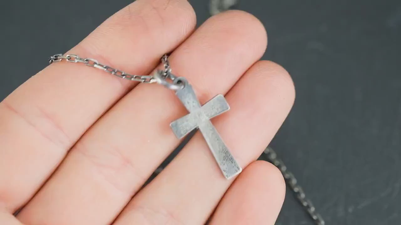 Mens Cross Silver Christian necklace, Strength pendant necklace, Christian gifts, Handmade jewelry, Boyfriend gift, Husband gift