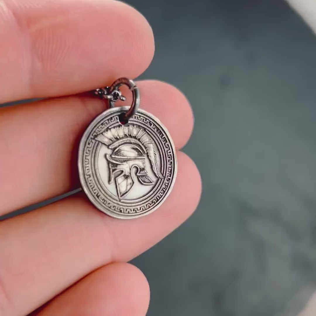 Mens Spartan Sterling Silver Warrior Pendant, Protection amulet Mens Greek helmet necklace, Husband gift, encouragement mens gift