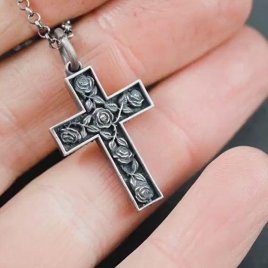 Mens Cross with Roses necklace, Christian Strength pendant necklace, Baptism Christian gifts, Religious handmade jewelry, Christmas gifts