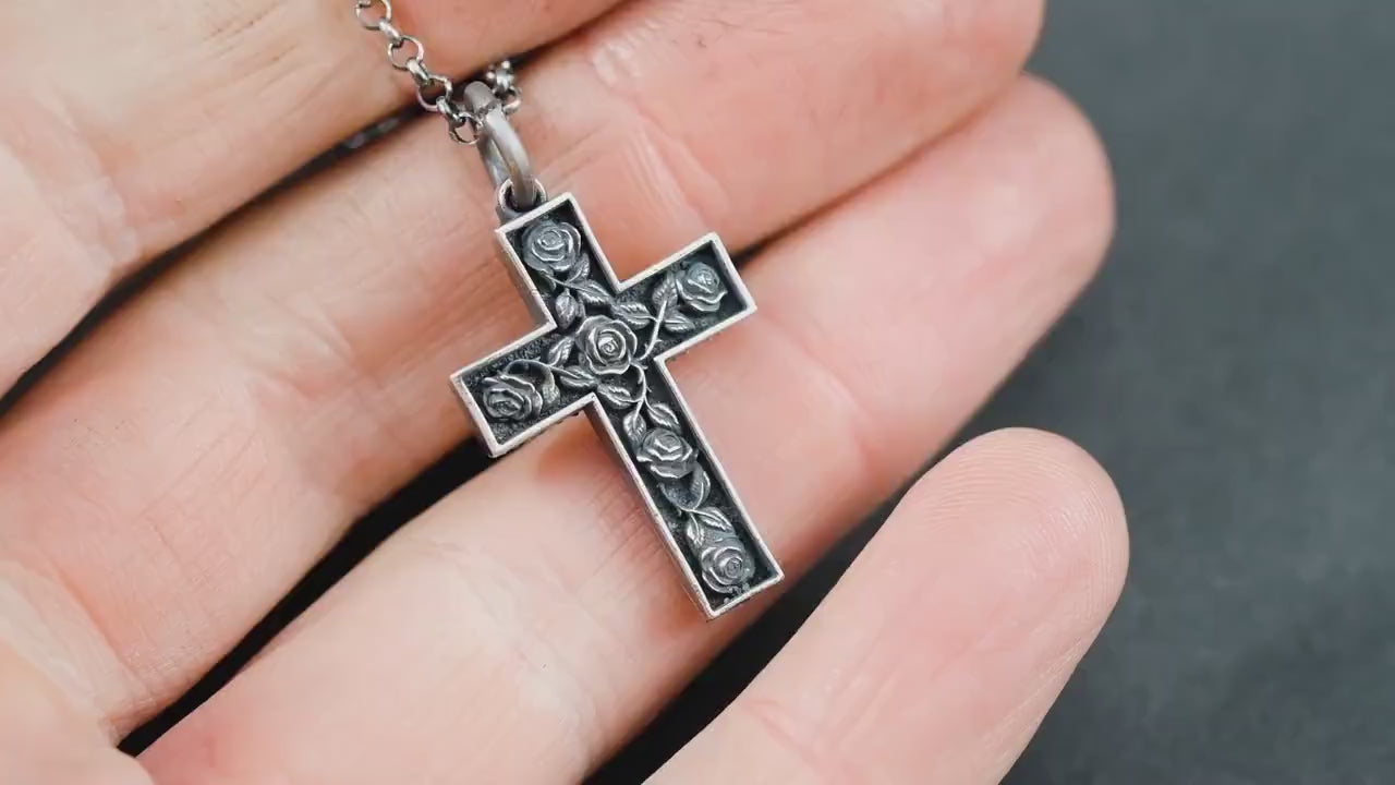 Mens Cross with Roses necklace, Christian Strength pendant necklace, Baptism Christian gifts, Religious handmade jewelry, Christmas gifts