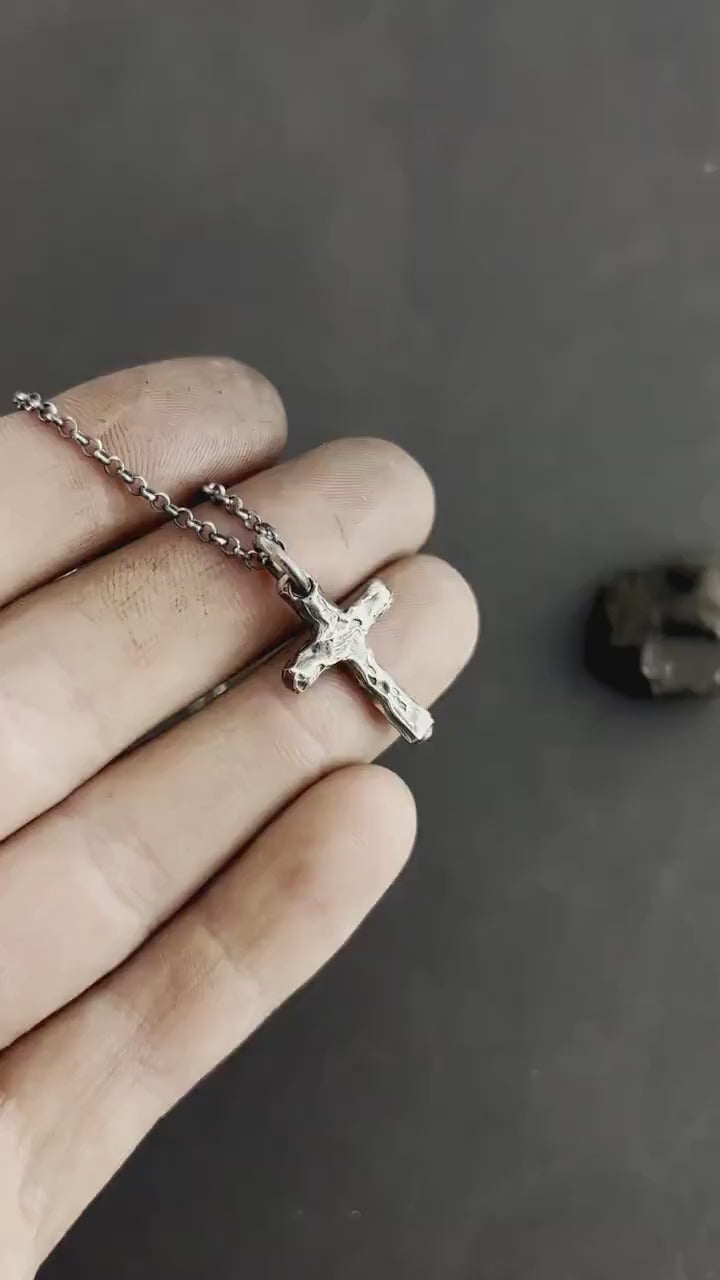 Rustic Silver Cross Necklace - Handmade Christian Strength Pendant