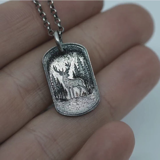 Deer in the forest nature silver Necklace, Nature Outdoor adventure handmade jewelry, mens necklace, Personalized engraved Travel gift