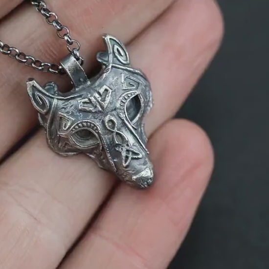 Viking Wolf Silver mens necklace, Wolf head necklace, Fenrir pendant, Norse mythology , Handmade jewelry, animal necklace, Christmas  gifts