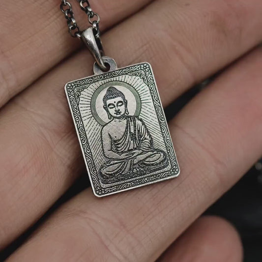 Buddha Meditation silver pendant necklace, Buddhist yoga handmade spiritual jewelry, Mindfulness gift for him, mens necklace, Anxiety relief