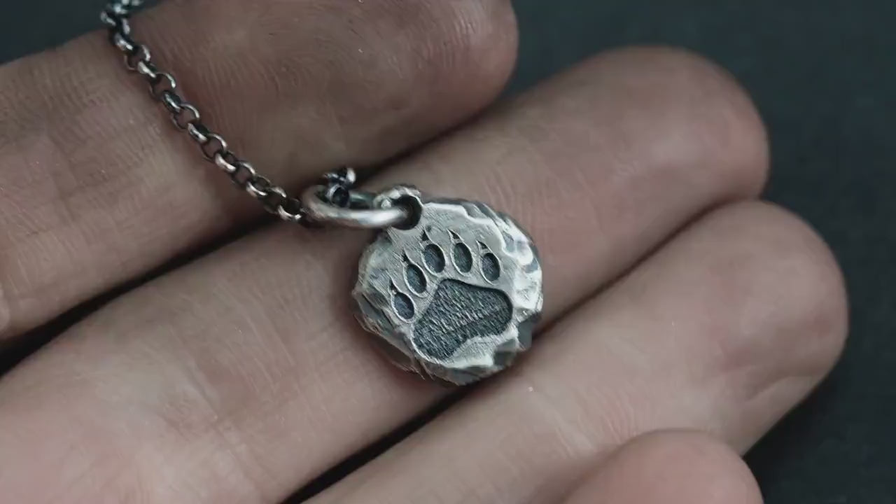 Bear Claw silver mens pendant necklace, Rustic Oxidized handmade forest nature jewelry, gift for him, Christmas gift, Paw print necklace
