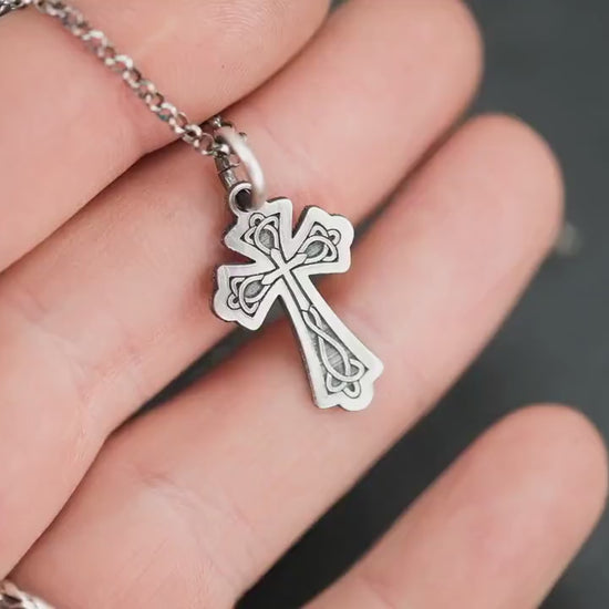 Celtic Silver Cross Necklace for Men, Christian Strength Pendant, Handmade Religious Gift for Boyfriend or Husband