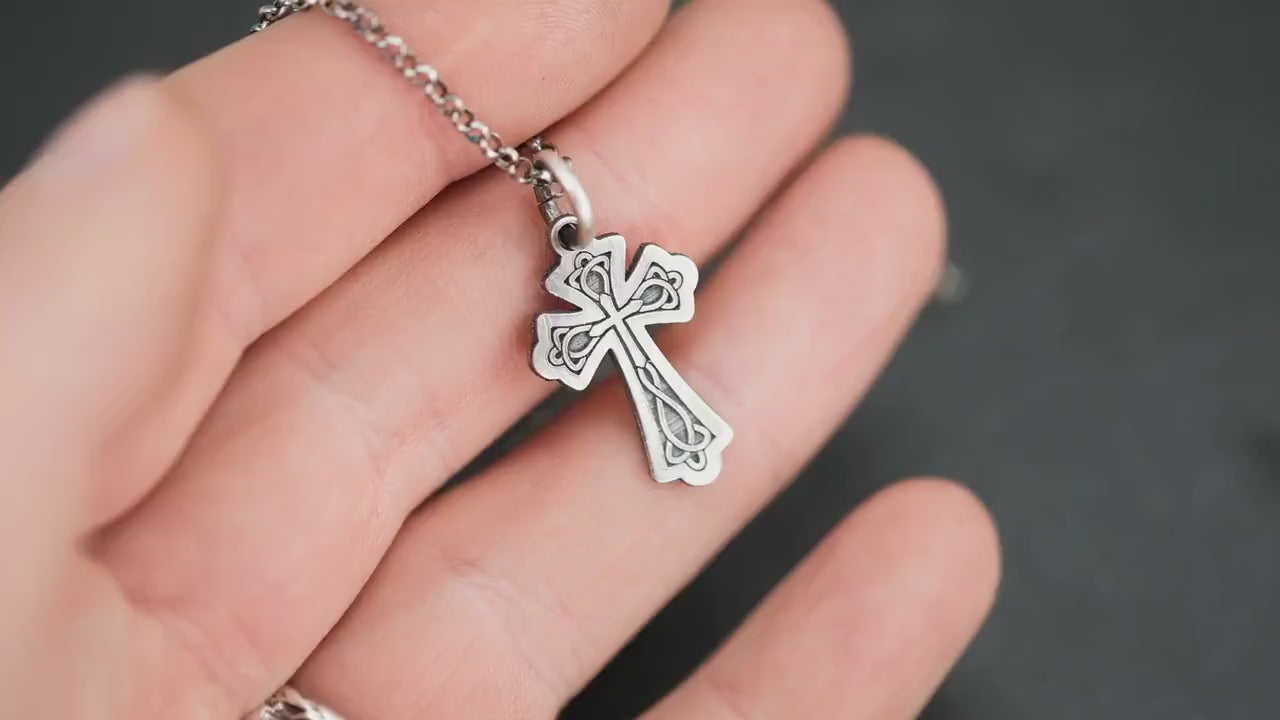 Celtic Silver Cross Necklace for Men, Christian Strength Pendant, Handmade Religious Gift for Boyfriend or Husband