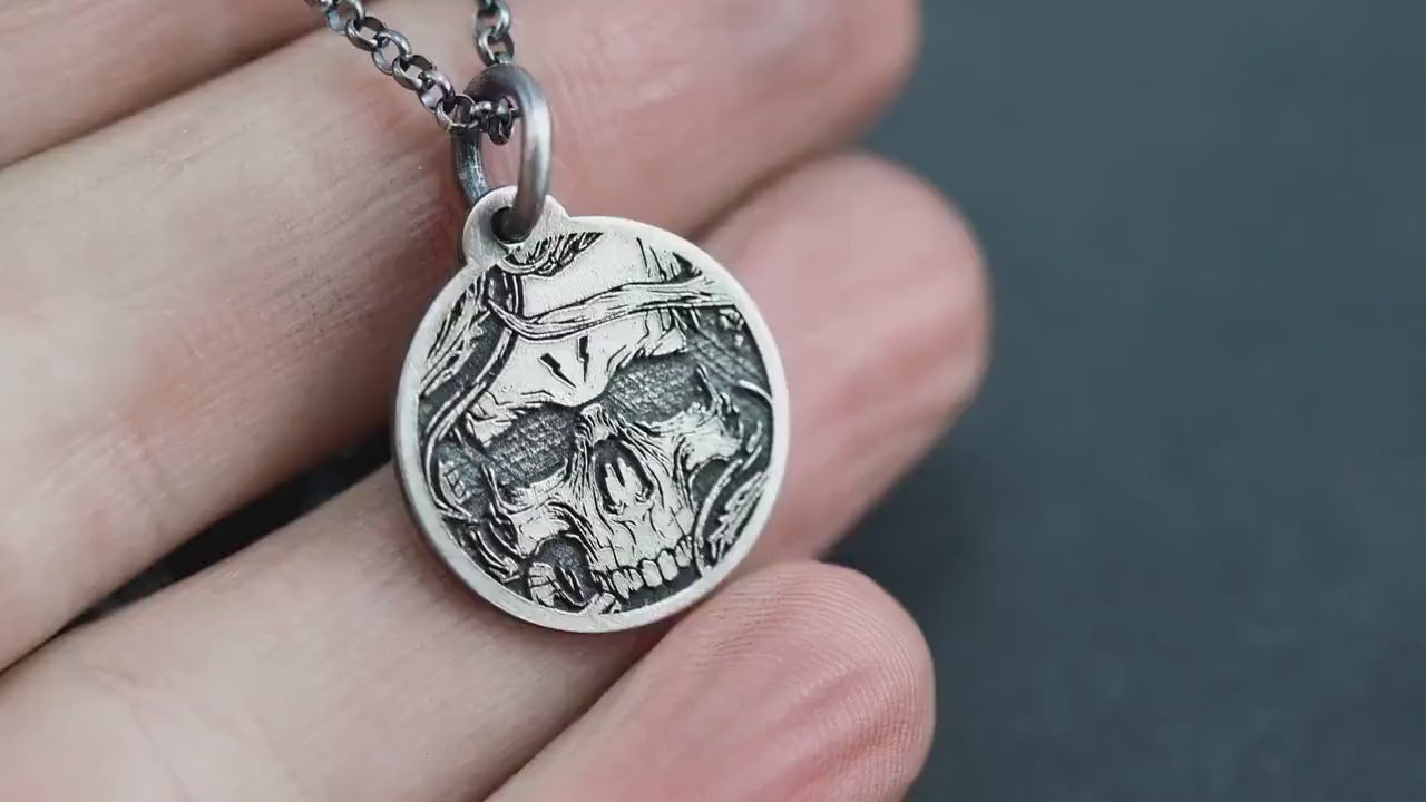 Engraved Skull Necklace: Memento Mori Silver Pendant (Custom Personalization Available)