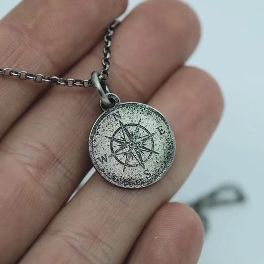 Compass Necklace: Sterling Silver, Rustic Style - Travel Pendant