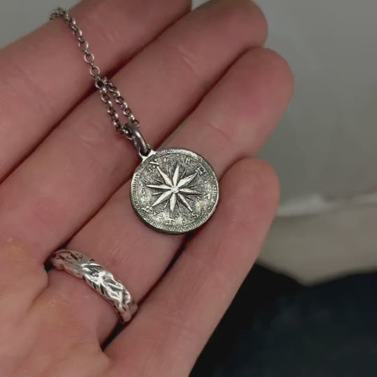 Mens Silver Compass necklace pendant, Rustic Travel jewelry for men, Nautical Adventure Gift
